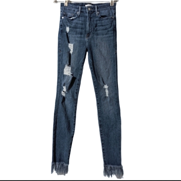 Good American Good Waist High Rise Frayed Fringe Distressed Hem Denim Jeans 4/27 - Picture 2 of 12